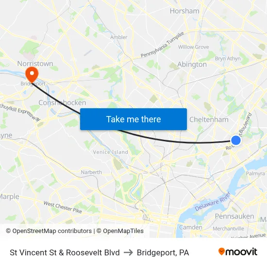 St Vincent St & Roosevelt Blvd to Bridgeport, PA map