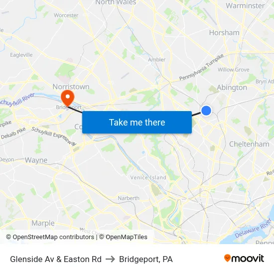 Glenside Av & Easton Rd to Bridgeport, PA map