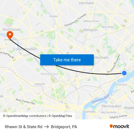 Rhawn St & State Rd to Bridgeport, PA map