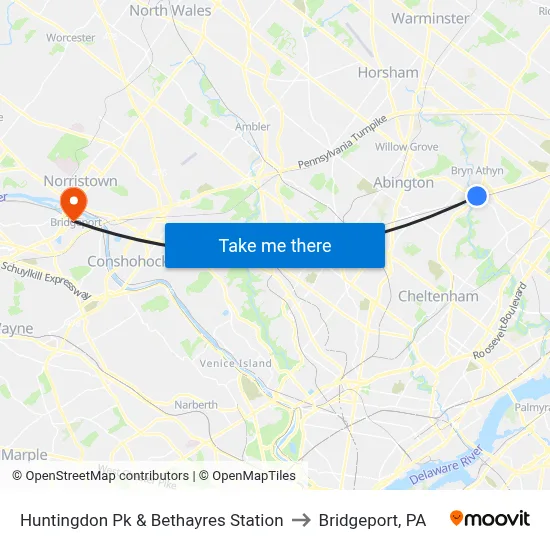 Huntingdon Pk & Bethayres Station to Bridgeport, PA map