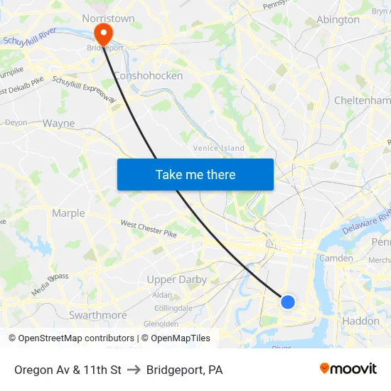 Oregon Av & 11th St to Bridgeport, PA map