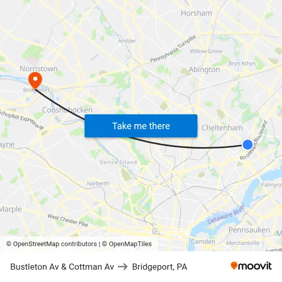 Bustleton Av & Cottman Av to Bridgeport, PA map