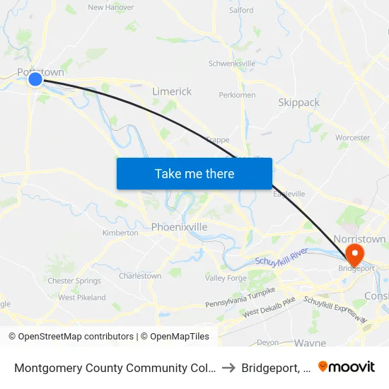 Montgomery County Community College to Bridgeport, PA map