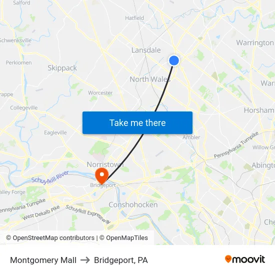 Montgomery Mall to Bridgeport, PA map