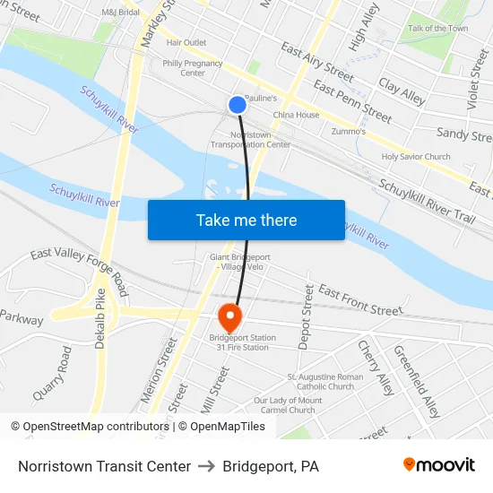 Norristown Transit Center to Bridgeport, PA map