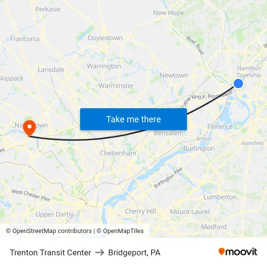 Trenton Transit Center to Bridgeport, PA map