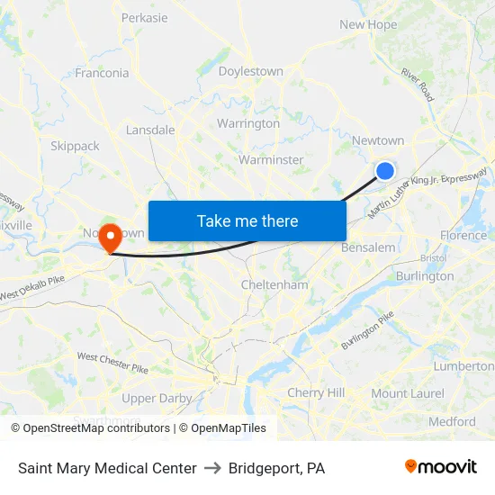 Saint Mary Medical Center to Bridgeport, PA map