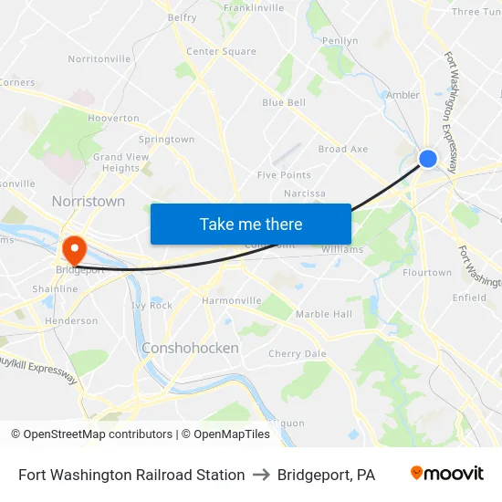 Fort Washington Railroad Station to Bridgeport, PA map