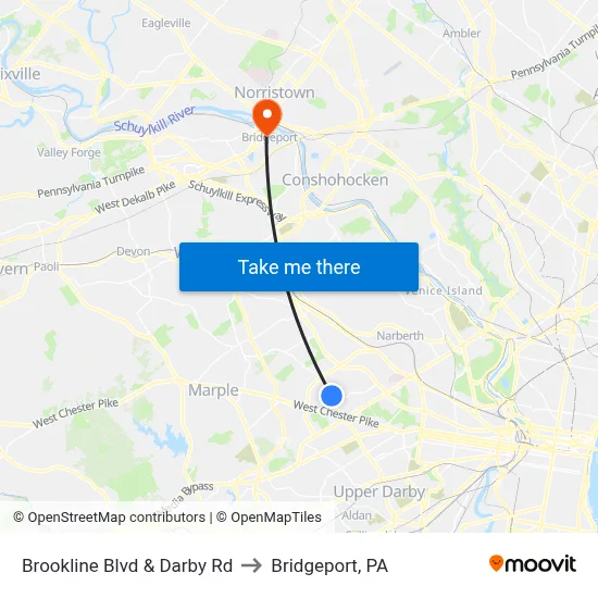 Brookline Blvd & Darby Rd to Bridgeport, PA map
