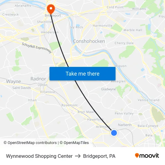 Wynnewood Shopping Center to Bridgeport, PA map