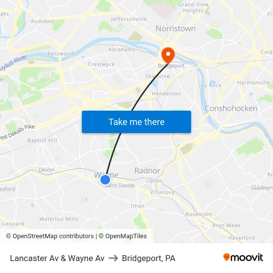 Lancaster Av & Wayne Av to Bridgeport, PA map