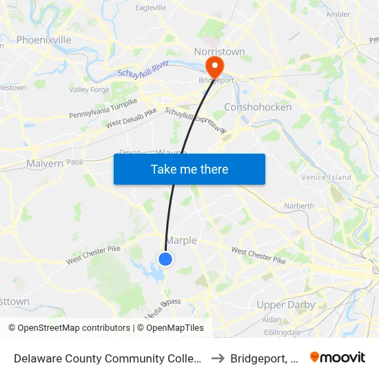 Delaware County Community College to Bridgeport, PA map