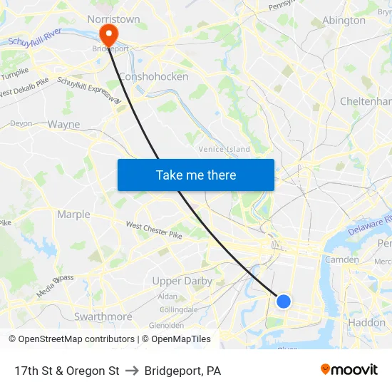 17th St & Oregon St to Bridgeport, PA map