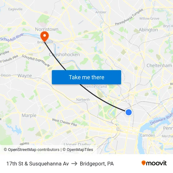 17th St & Susquehanna Av to Bridgeport, PA map