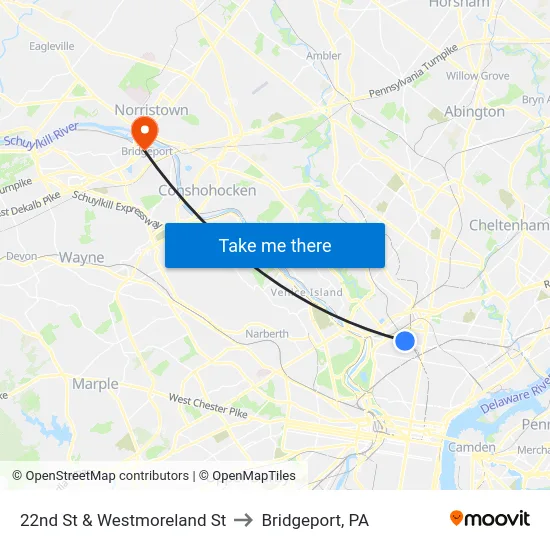 22nd St & Westmoreland St to Bridgeport, PA map