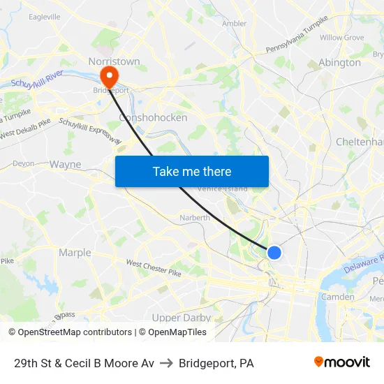 29th St & Cecil B Moore Av to Bridgeport, PA map