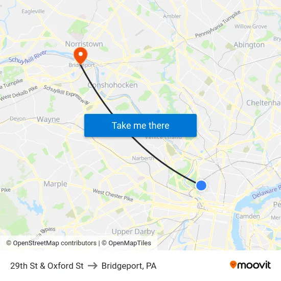 29th St & Oxford St to Bridgeport, PA map