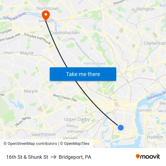 16th St & Shunk St to Bridgeport, PA map
