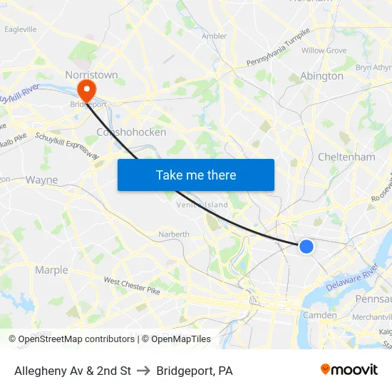 Allegheny Av & 2nd St to Bridgeport, PA map