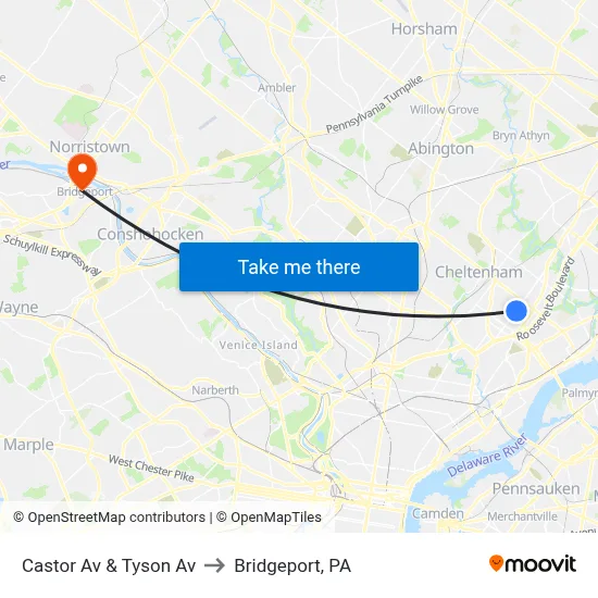 Castor Av & Tyson Av to Bridgeport, PA map