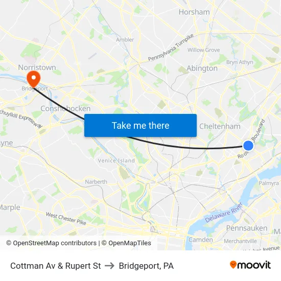 Cottman Av & Rupert St to Bridgeport, PA map