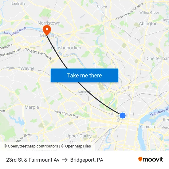23rd St & Fairmount Av to Bridgeport, PA map