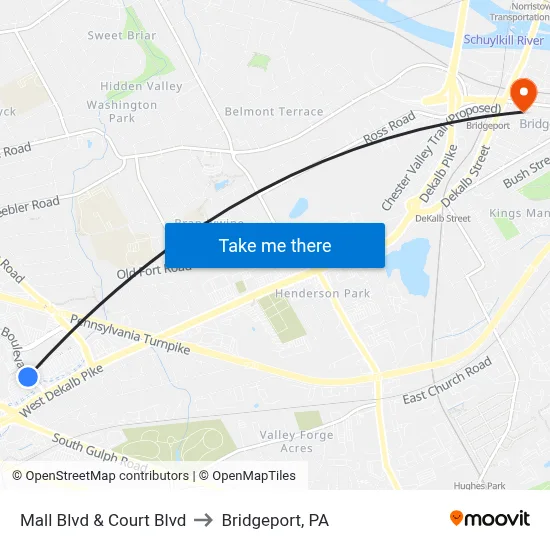 Mall Blvd & Court Blvd to Bridgeport, PA map