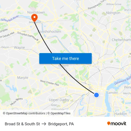 Broad St & South St to Bridgeport, PA map