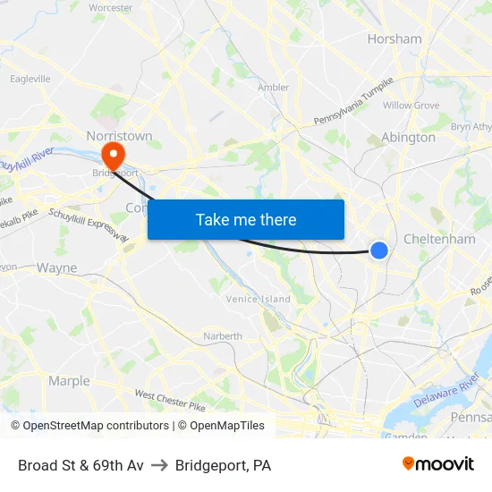 Broad St & 69th Av to Bridgeport, PA map