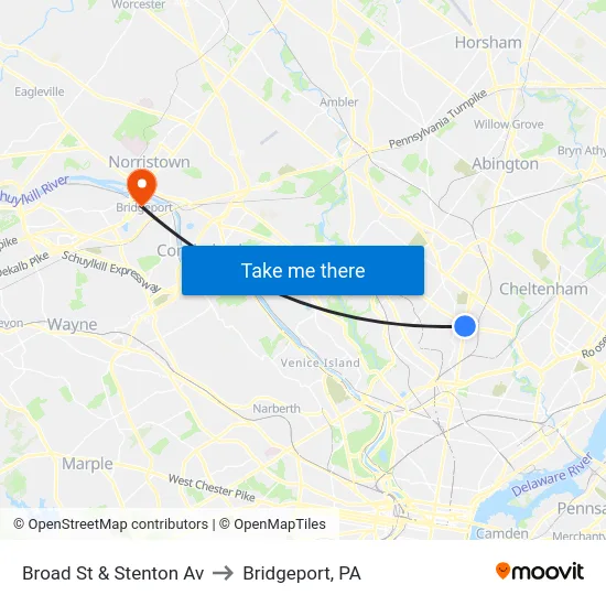 Broad St & Stenton Av to Bridgeport, PA map