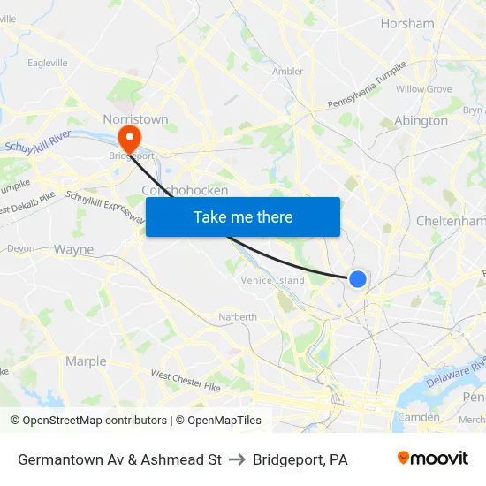 Germantown Av & Ashmead St to Bridgeport, PA map