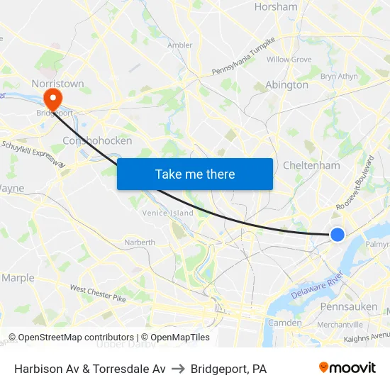 Harbison Av & Torresdale Av to Bridgeport, PA map