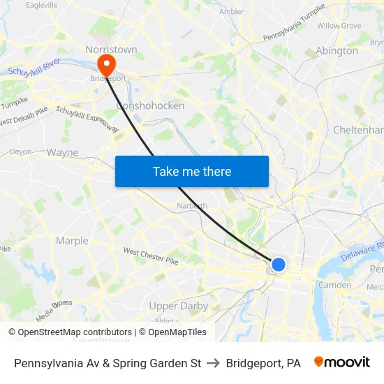 Pennsylvania Av & Spring Garden St to Bridgeport, PA map