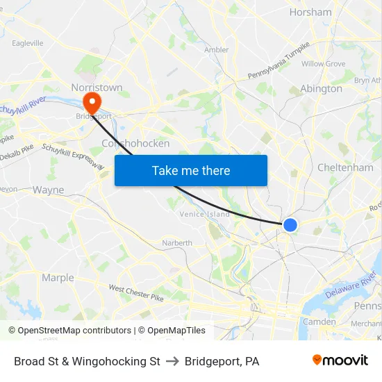 Broad St & Wingohocking St to Bridgeport, PA map