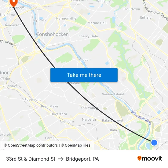 33rd St & Diamond St to Bridgeport, PA map