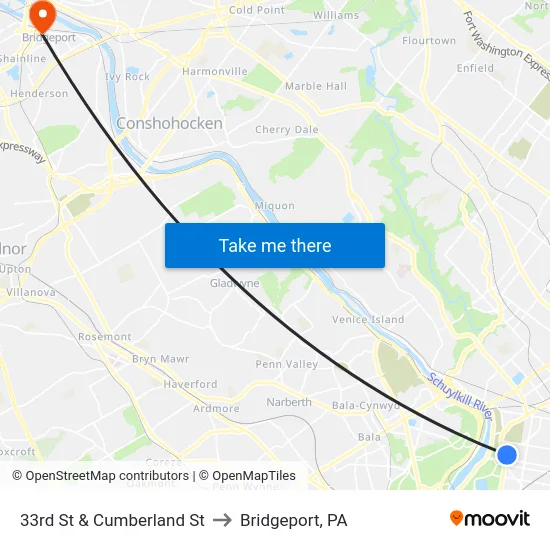 33rd St & Cumberland St to Bridgeport, PA map