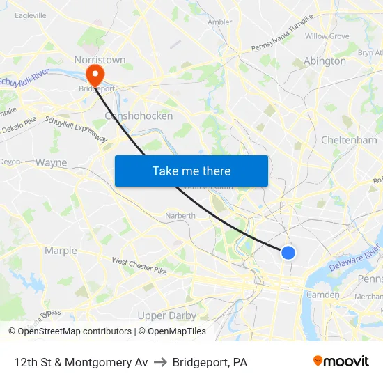 12th St & Montgomery Av to Bridgeport, PA map