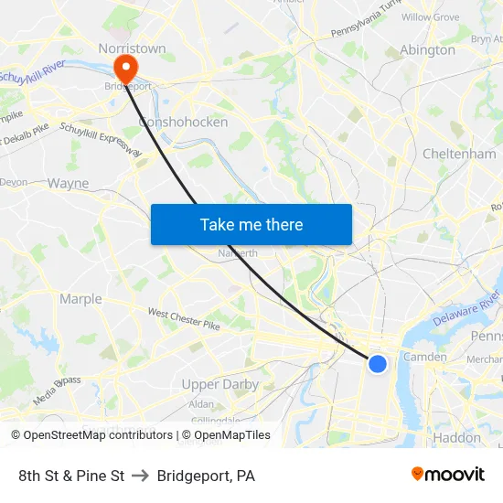 8th St & Pine St to Bridgeport, PA map