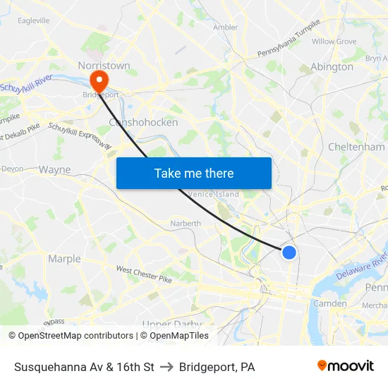 Susquehanna Av & 16th St to Bridgeport, PA map