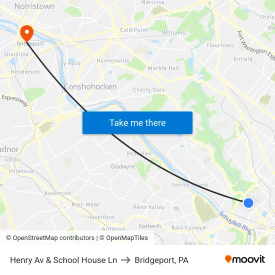 Henry Av & School House Ln to Bridgeport, PA map