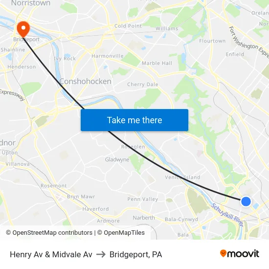 Henry Av & Midvale Av to Bridgeport, PA map