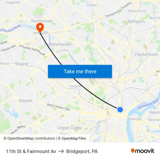 11th St & Fairmount Av to Bridgeport, PA map