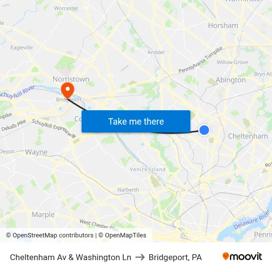 Cheltenham Av & Washington Ln to Bridgeport, PA map
