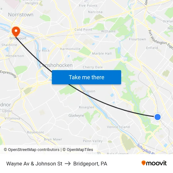 Wayne Av & Johnson St to Bridgeport, PA map