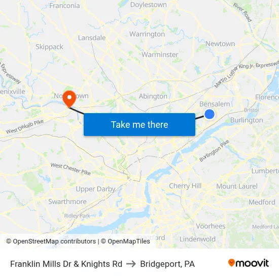 Franklin Mills Dr & Knights Rd to Bridgeport, PA map