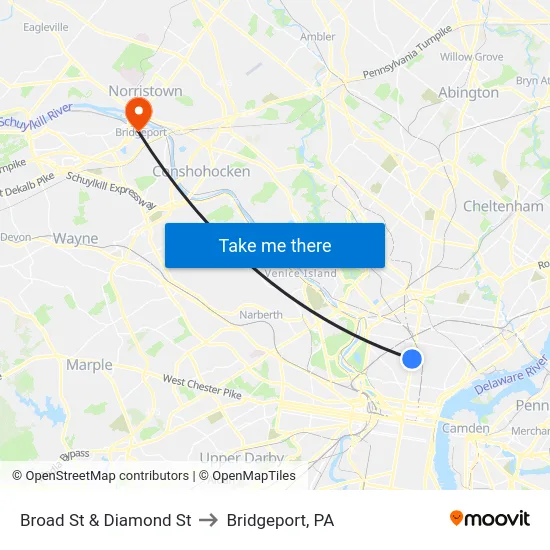 Broad St & Diamond St to Bridgeport, PA map