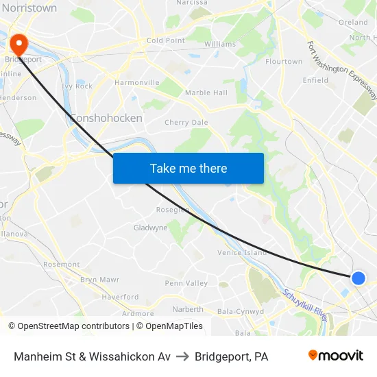 Manheim St & Wissahickon Av to Bridgeport, PA map