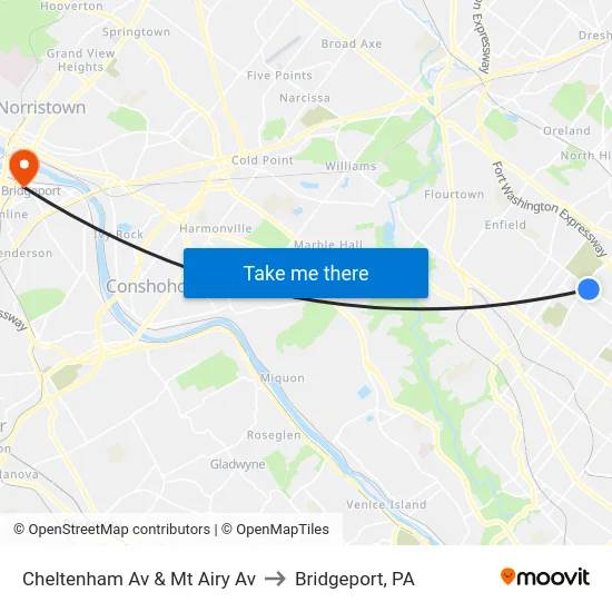 Cheltenham Av & Mt Airy Av to Bridgeport, PA map