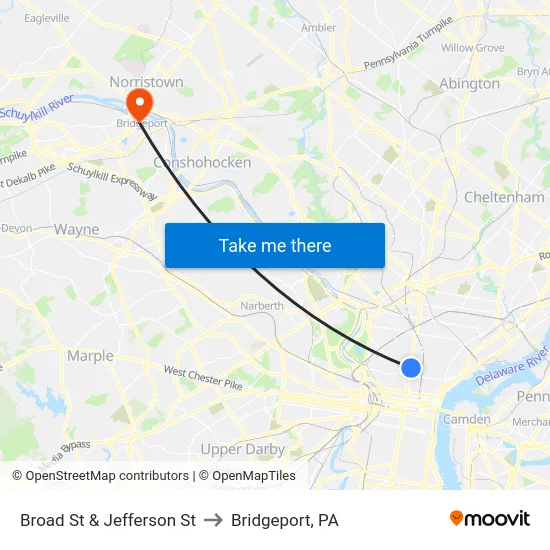 Broad St & Jefferson St to Bridgeport, PA map