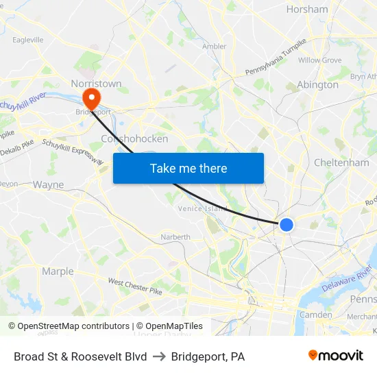 Broad St & Roosevelt Blvd to Bridgeport, PA map